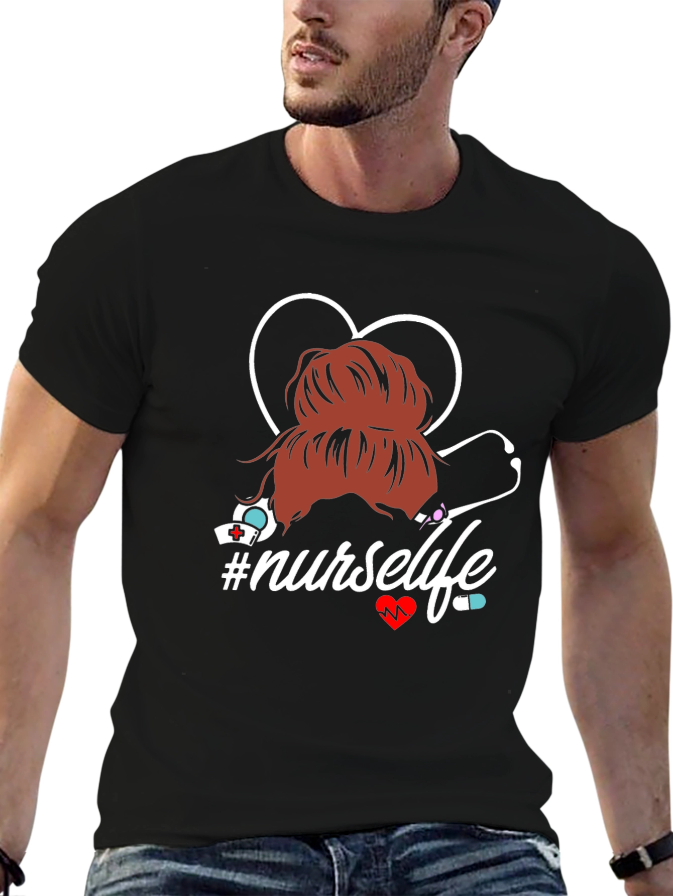 Nurse Life T-Shirt - Messy Bun Heart Stethoscope Tee