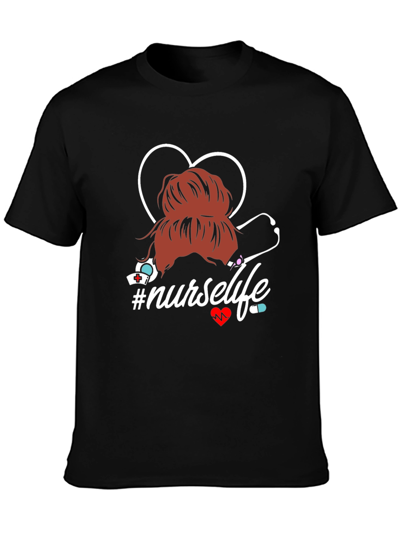 Nurse Life T-Shirt - Messy Bun Heart Stethoscope Tee