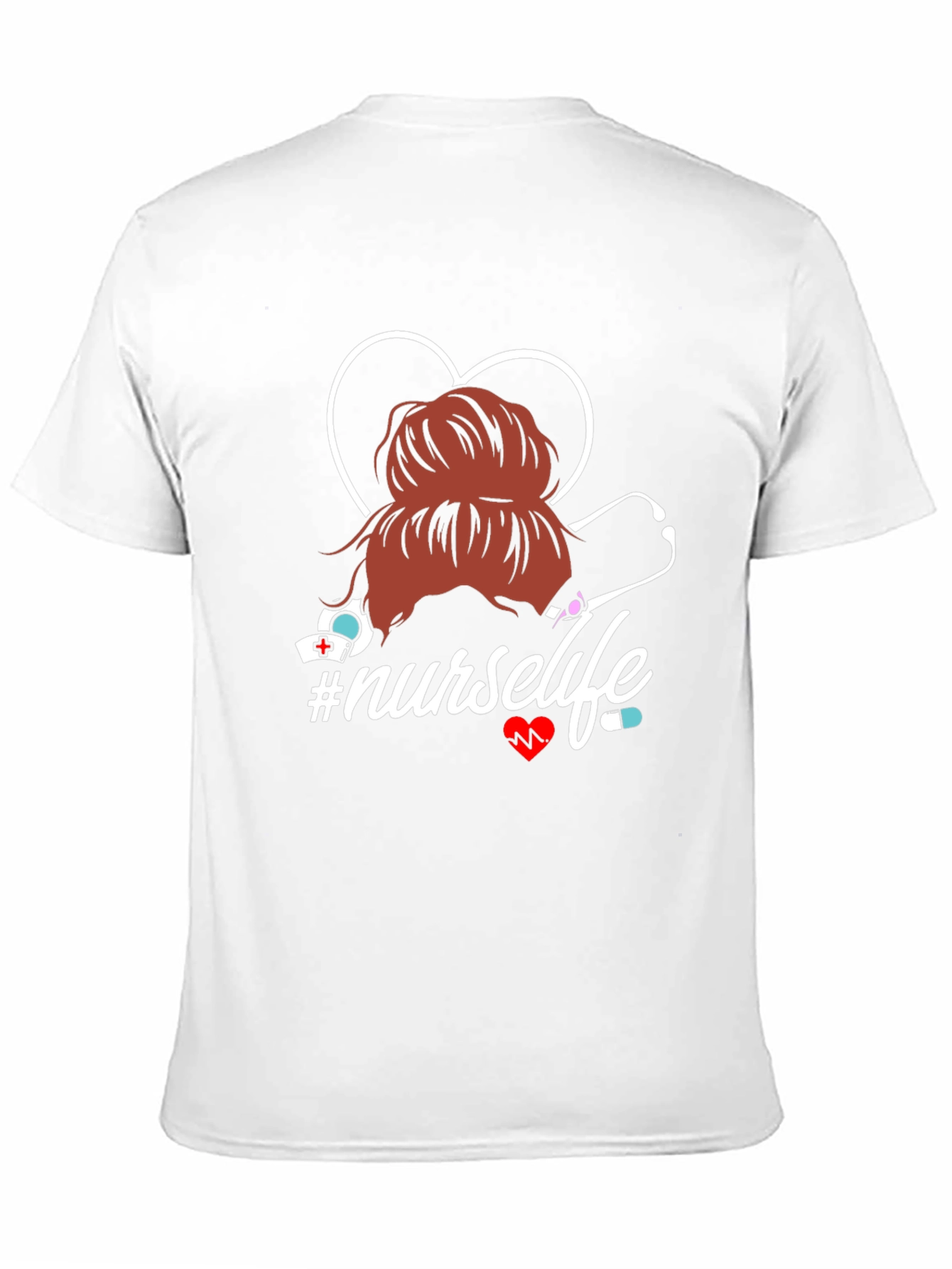 Nurse Life T-Shirt - Messy Bun Heart Stethoscope Tee
