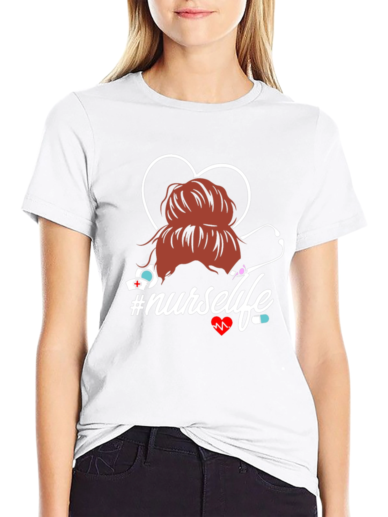 Nurse Life T-Shirt - Messy Bun Heart Stethoscope Tee
