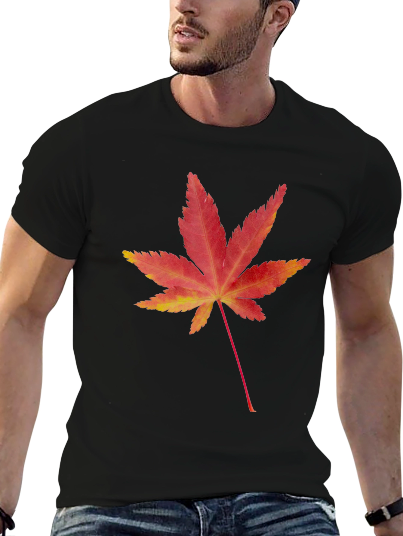 Maple Leaf Print Black T-Shirt