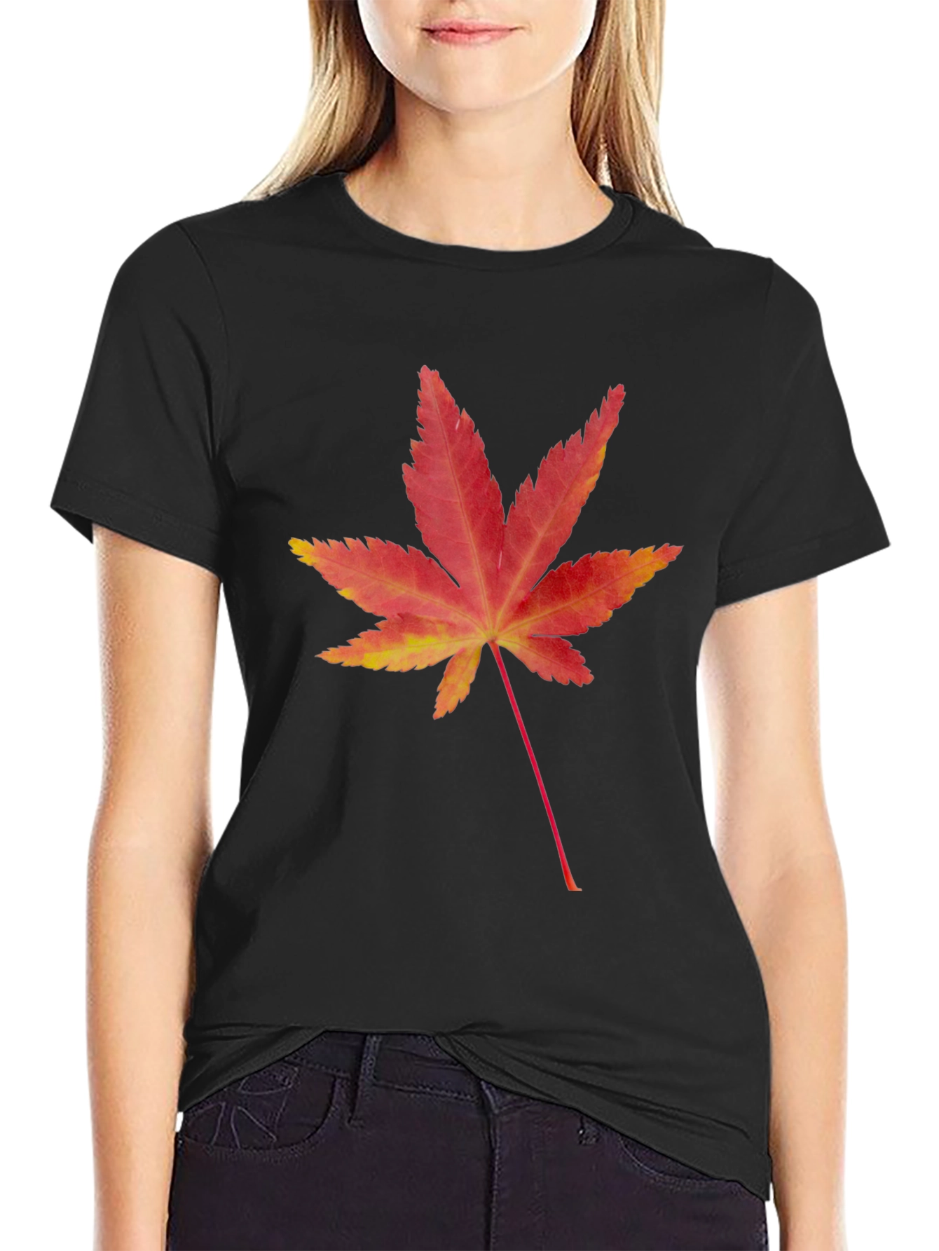 Maple Leaf Print Black T-Shirt