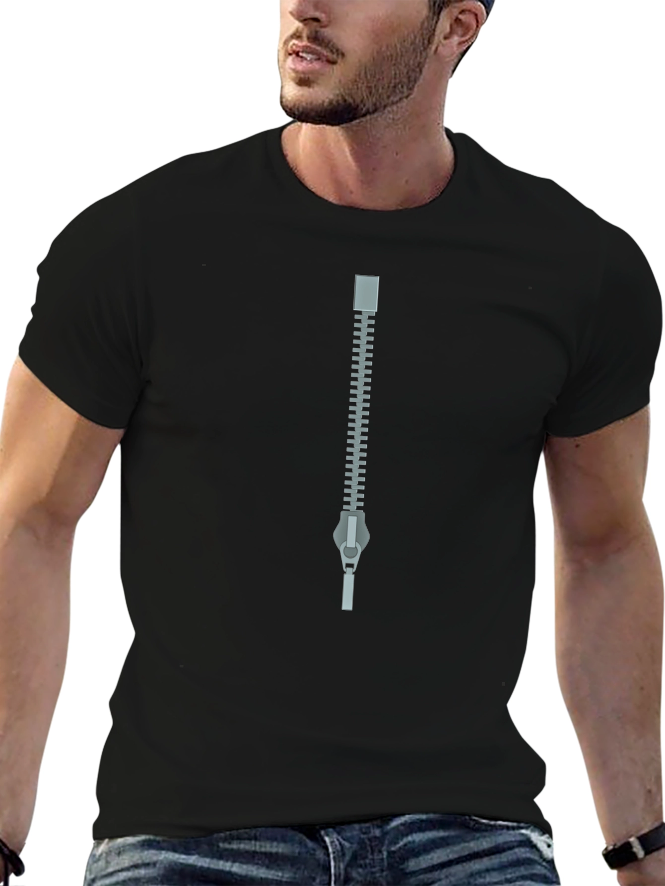 Zipper Graphic Black T-Shirt - Novelty Tee