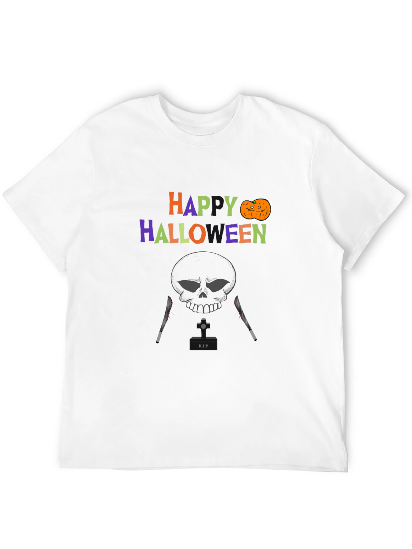 Happy Halloween T-Shirt with Skull & Knife Design