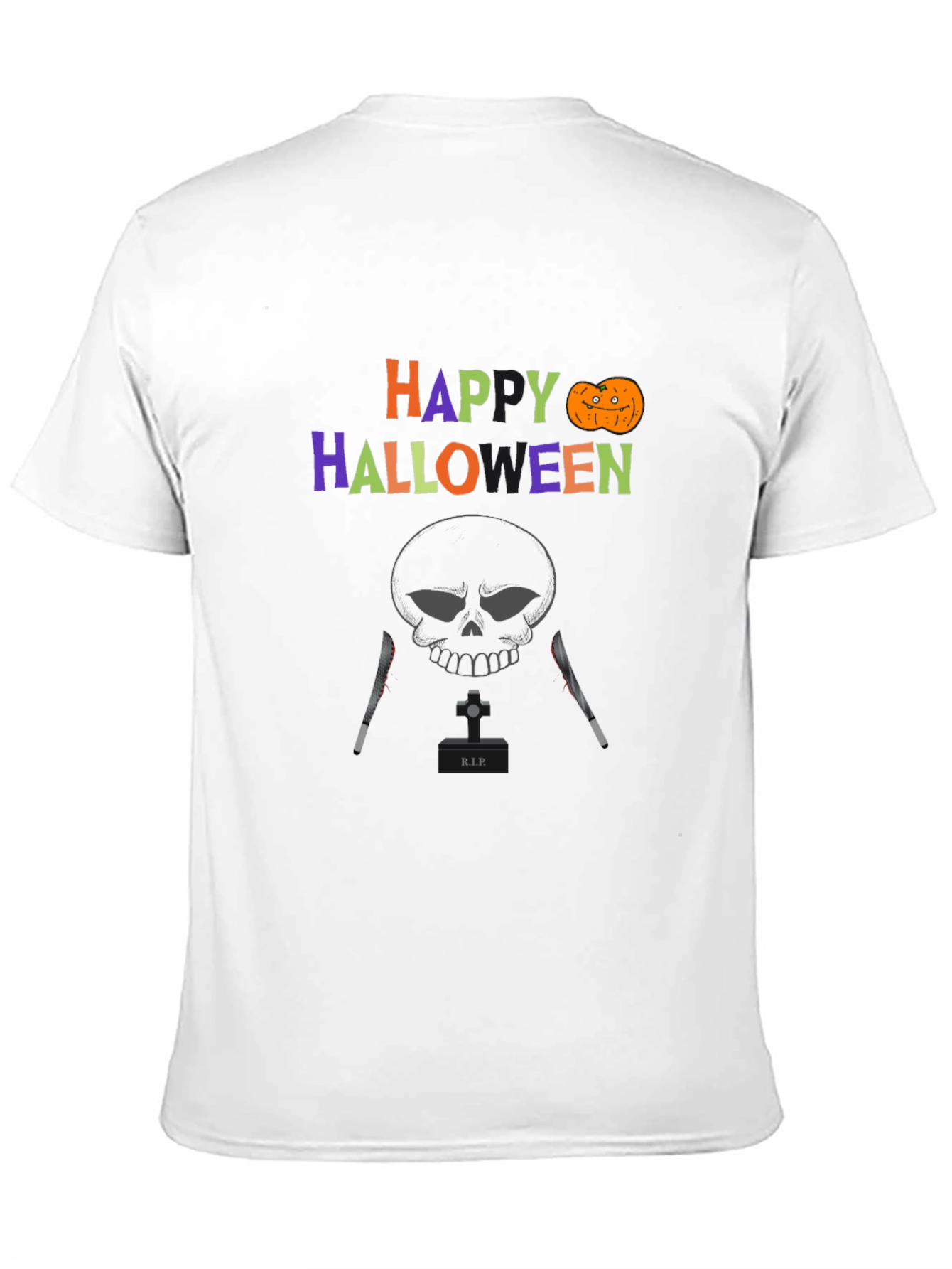 Happy Halloween T-Shirt with Skull & Knife Design