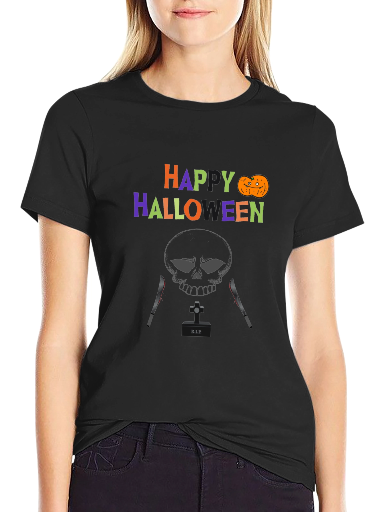 Happy Halloween T-Shirt with Skull & Knife Design