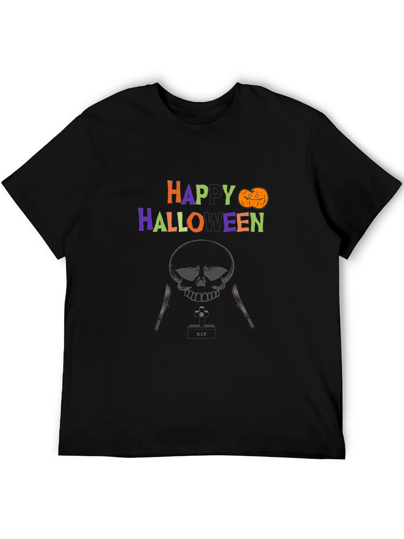 Happy Halloween T-Shirt with Skull & Knife Design