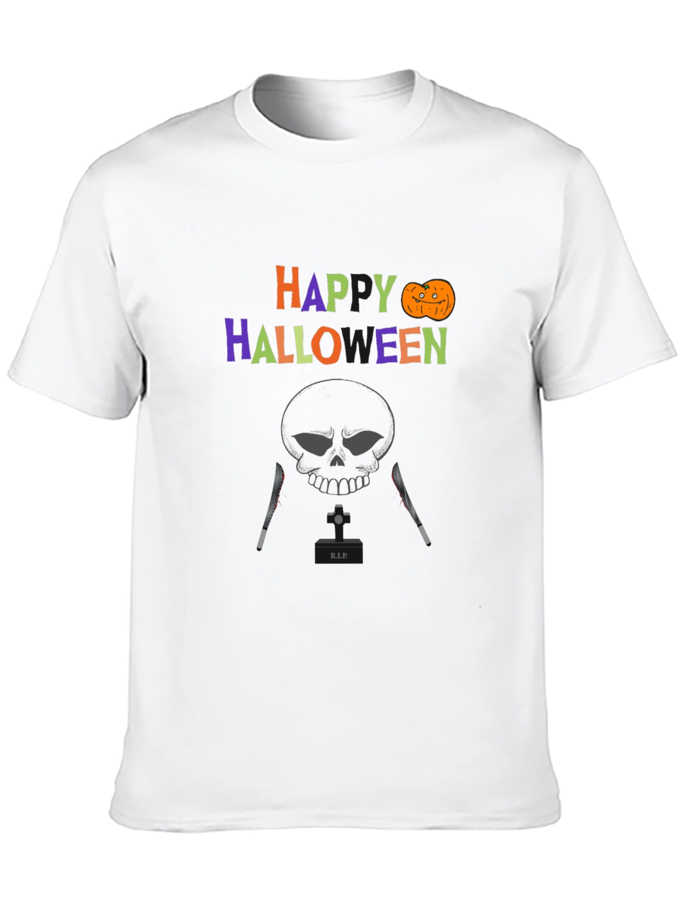 Happy Halloween T-Shirt with Skull & Knife Design