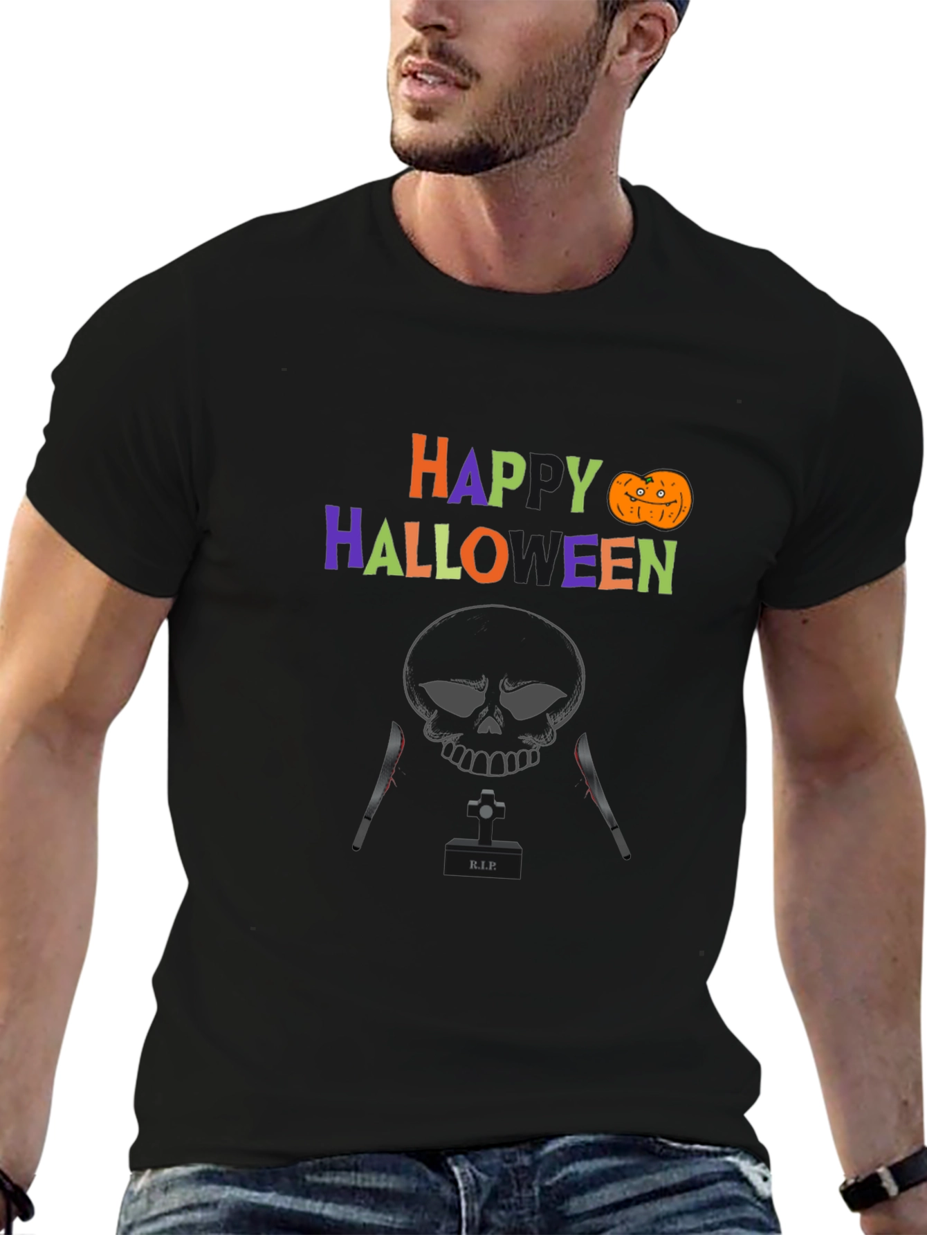 Happy Halloween T-Shirt with Skull & Knife Design