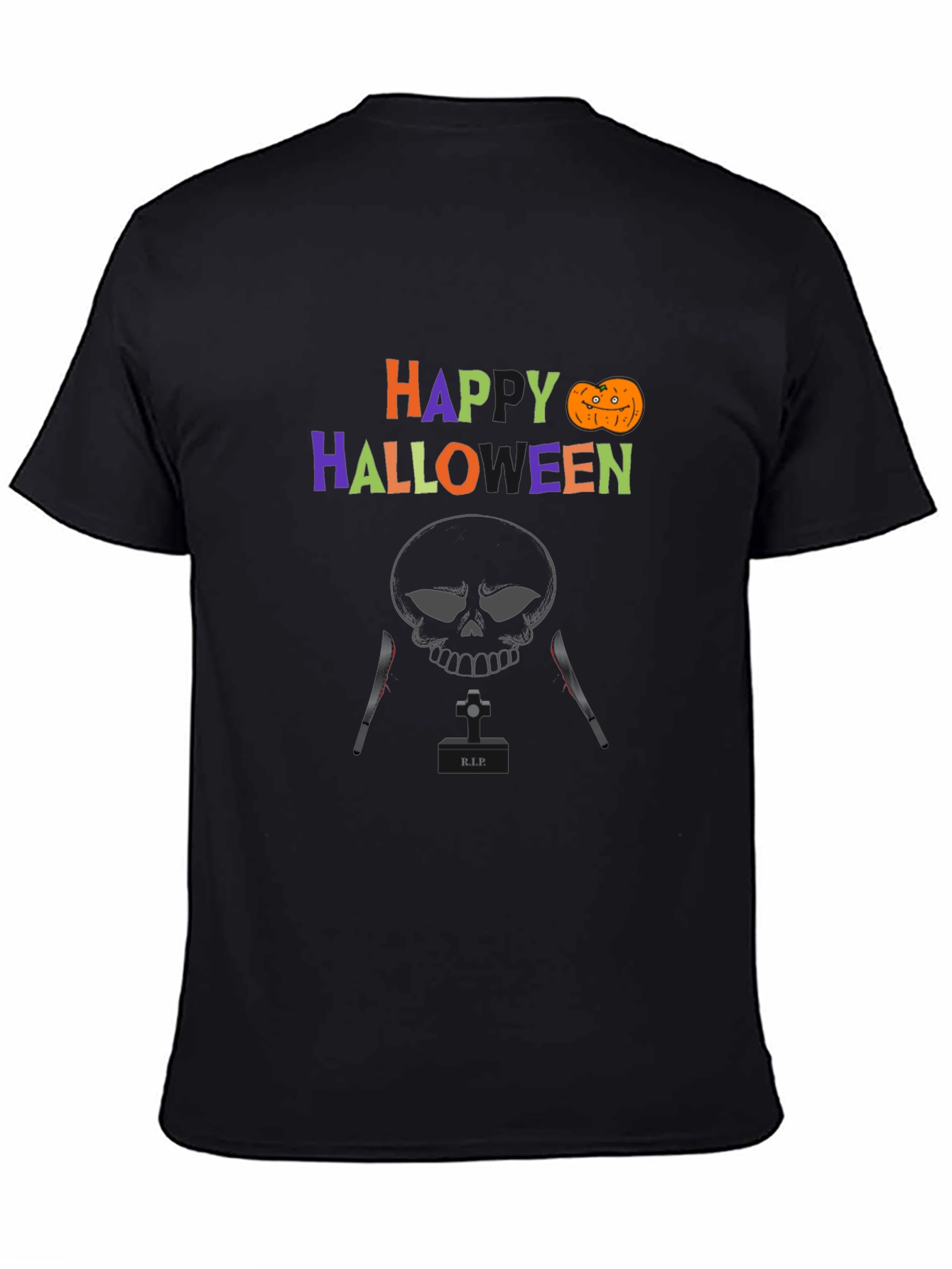 Happy Halloween T-Shirt with Skull & Knife Design