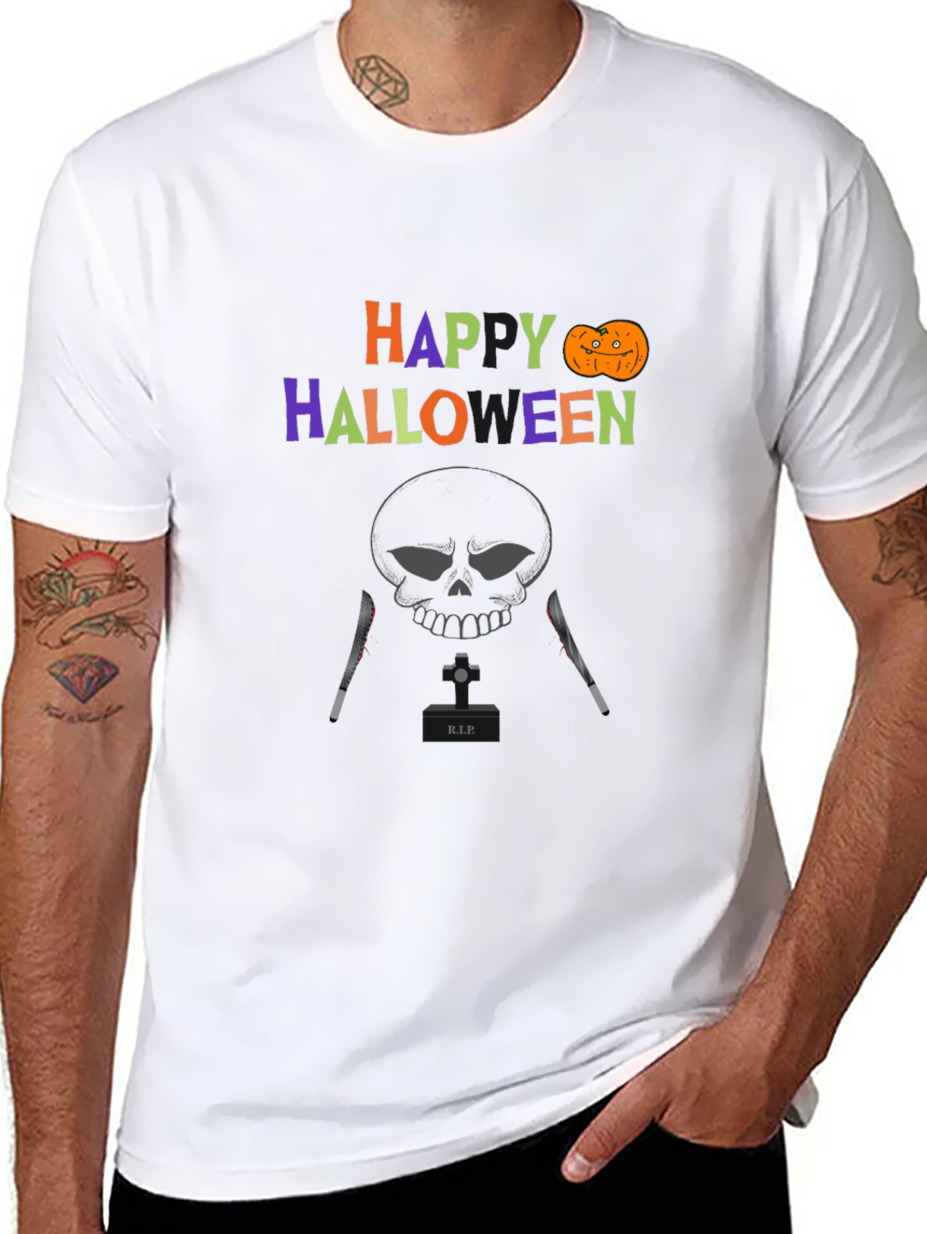 Happy Halloween T-Shirt with Skull & Knife Design