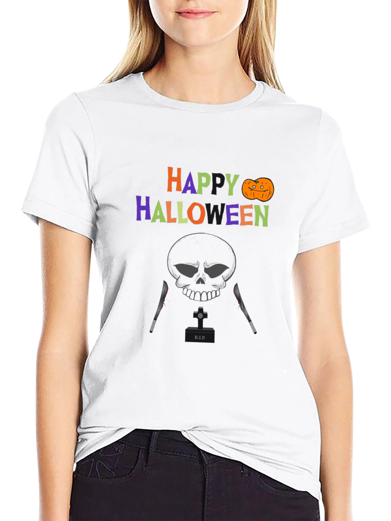 Happy Halloween T-Shirt with Skull & Knife Design