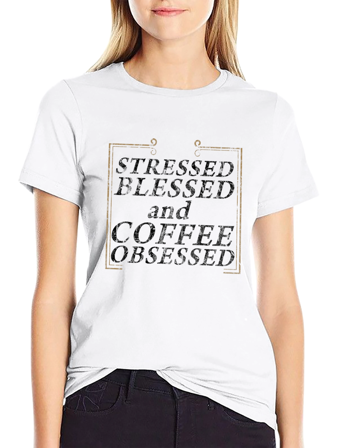 Stressed Blessed Coffee Obsessed Black T-Shirt