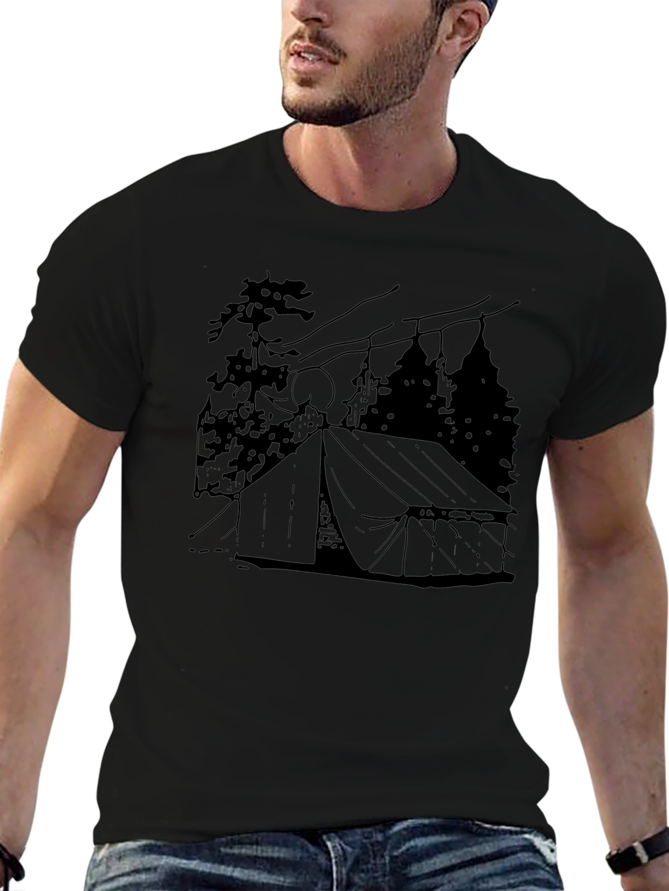 Camping Tent Graphic Tee - Black Cotton