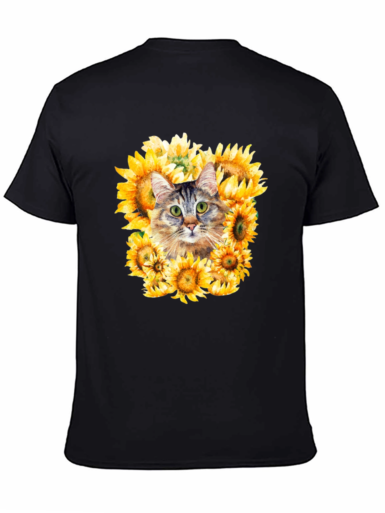 Cat Sunflower Graphic Tee - Mens Black T-Shirt