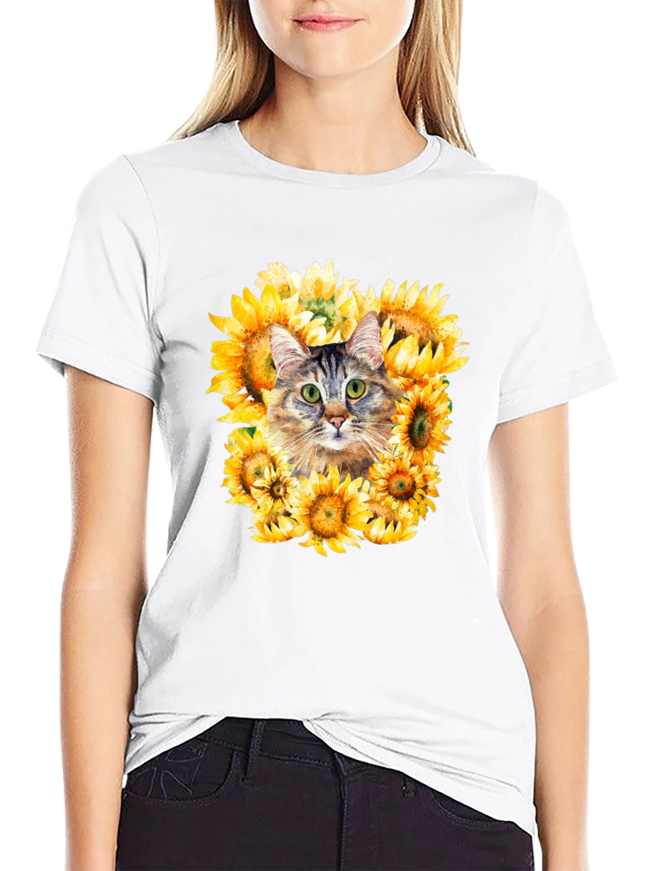 Cat Sunflower Graphic Tee - Mens Black T-Shirt
