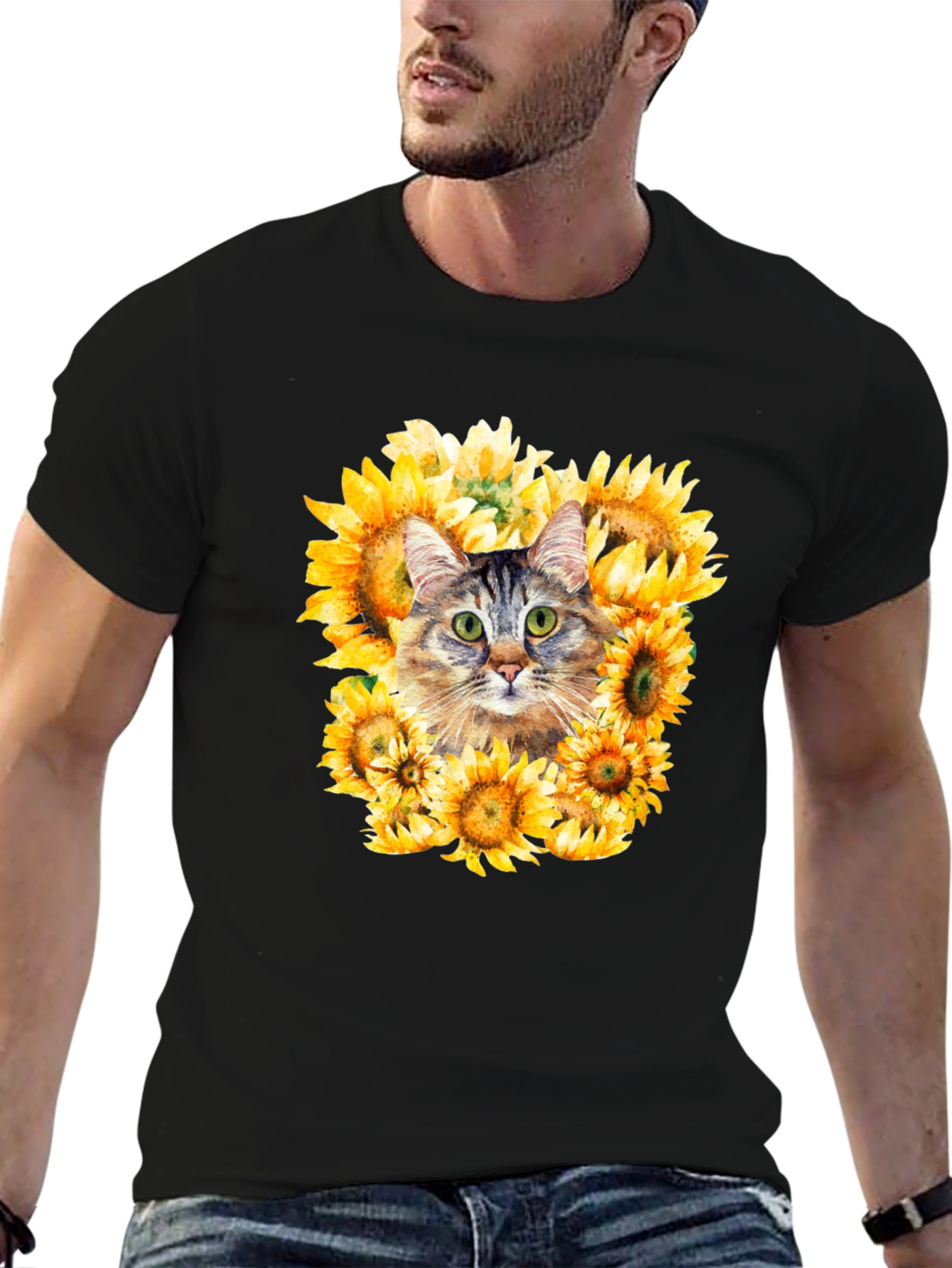 Cat Sunflower Graphic Tee - Mens Black T-Shirt