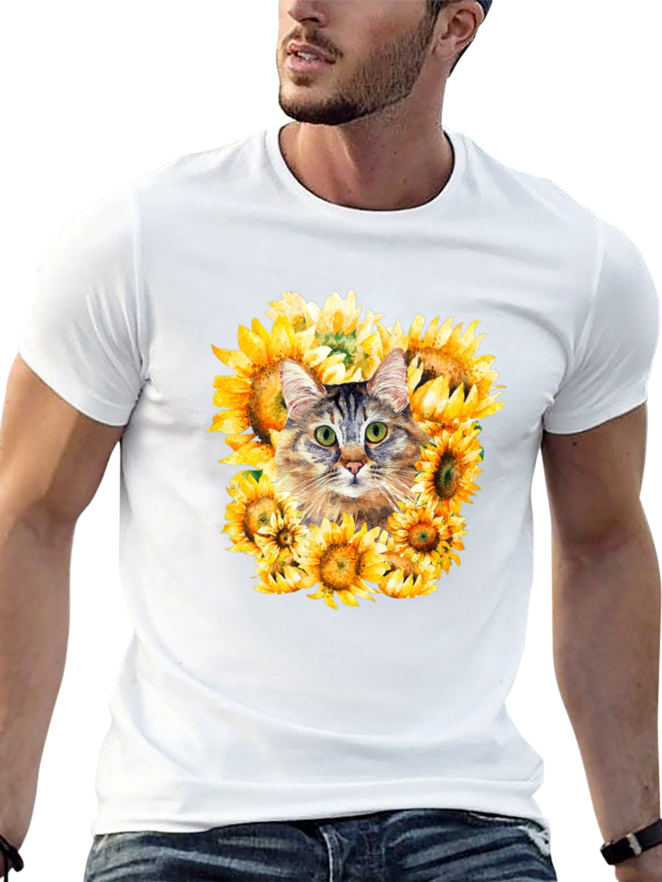 Cat Sunflower Graphic Tee - Mens Black T-Shirt