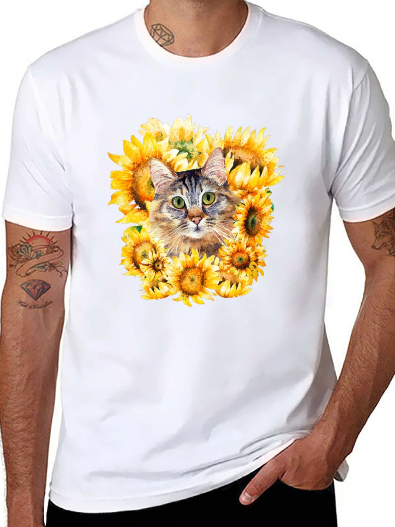 Cat Sunflower Graphic Tee - Mens Black T-Shirt