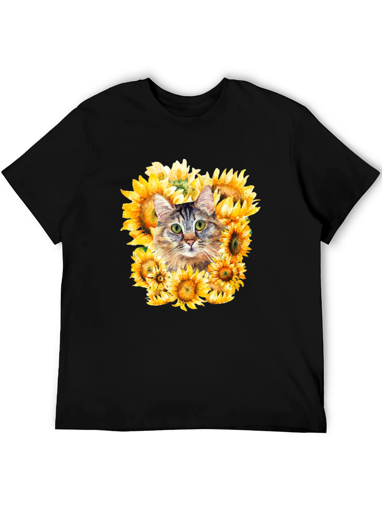 Cat Sunflower Graphic Tee - Mens Black T-Shirt