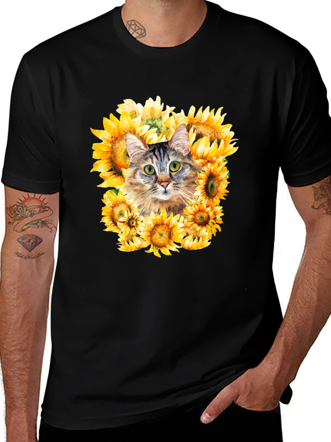 Cat Sunflower Graphic Tee - Mens Black T-Shirt