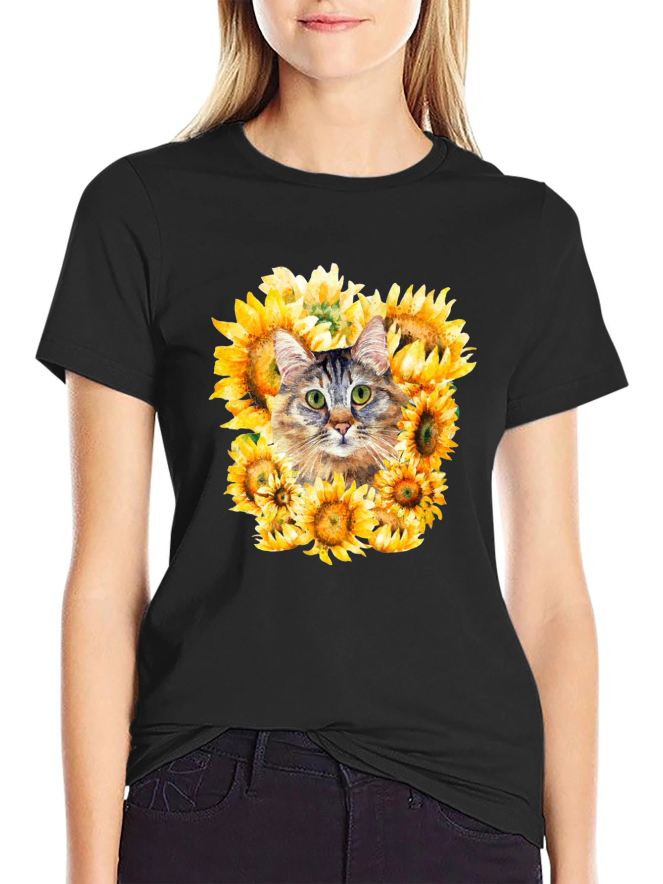 Cat Sunflower Graphic Tee - Mens Black T-Shirt