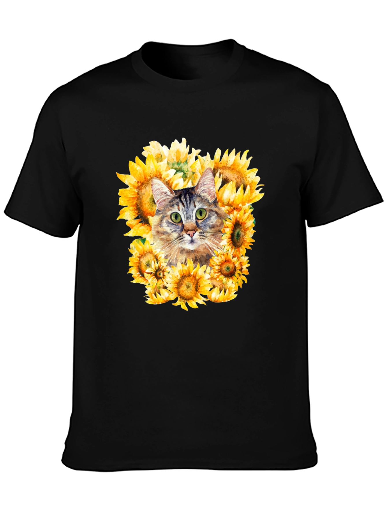 Cat Sunflower Graphic Tee - Mens Black T-Shirt
