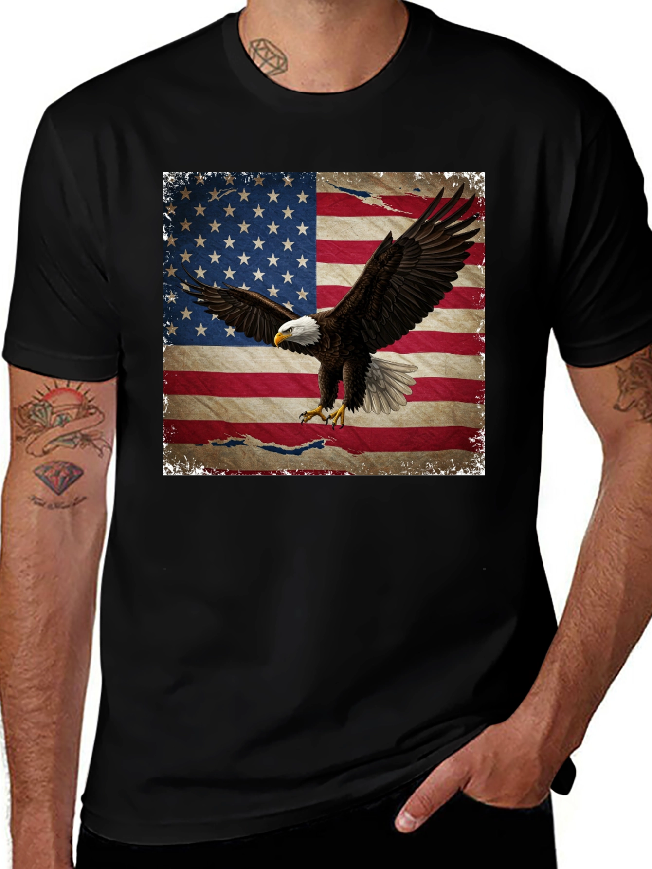 American Flag Eagle Graphic Print Black T-Shirt