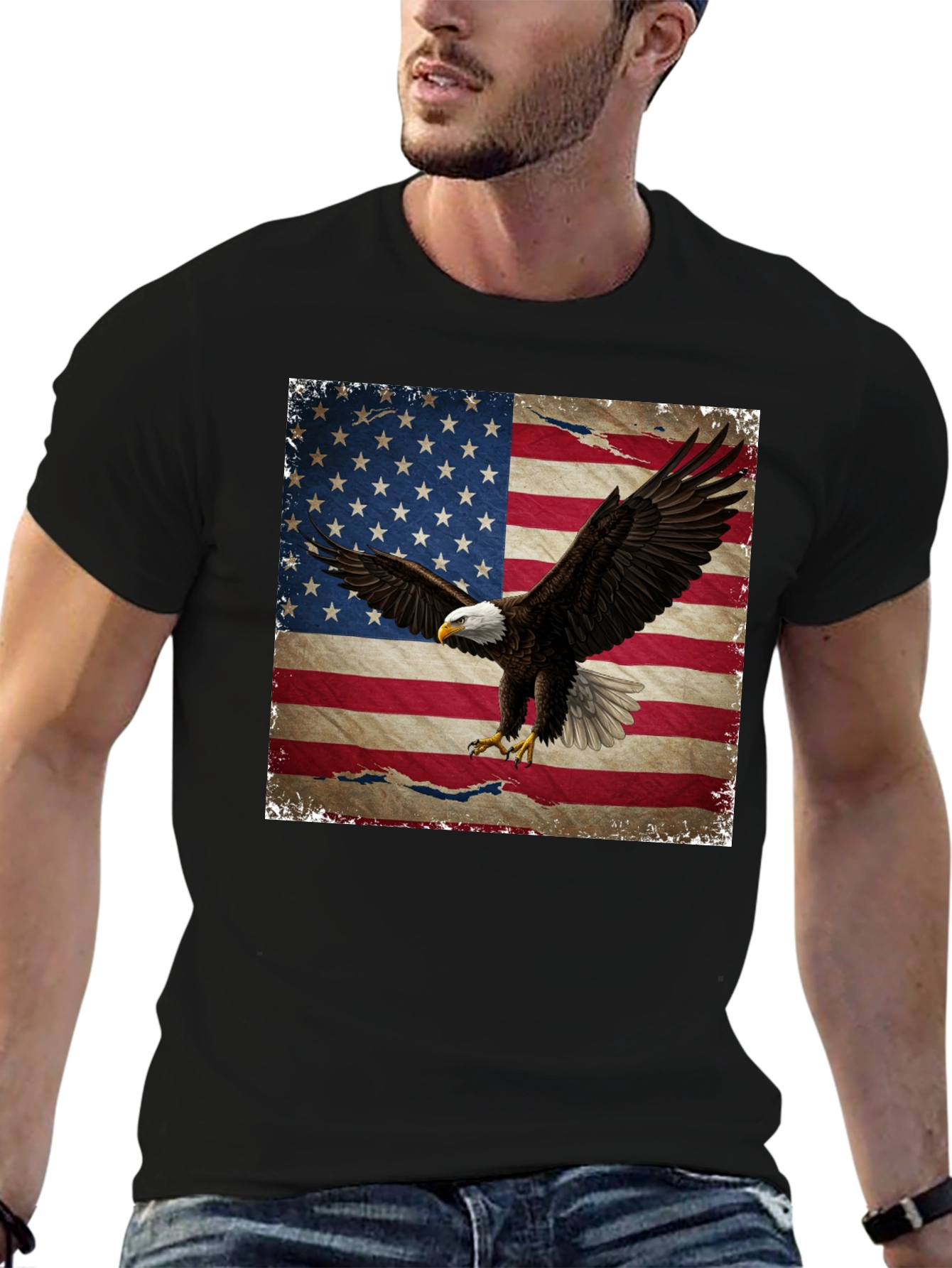American Flag Eagle Graphic Print Black T-Shirt