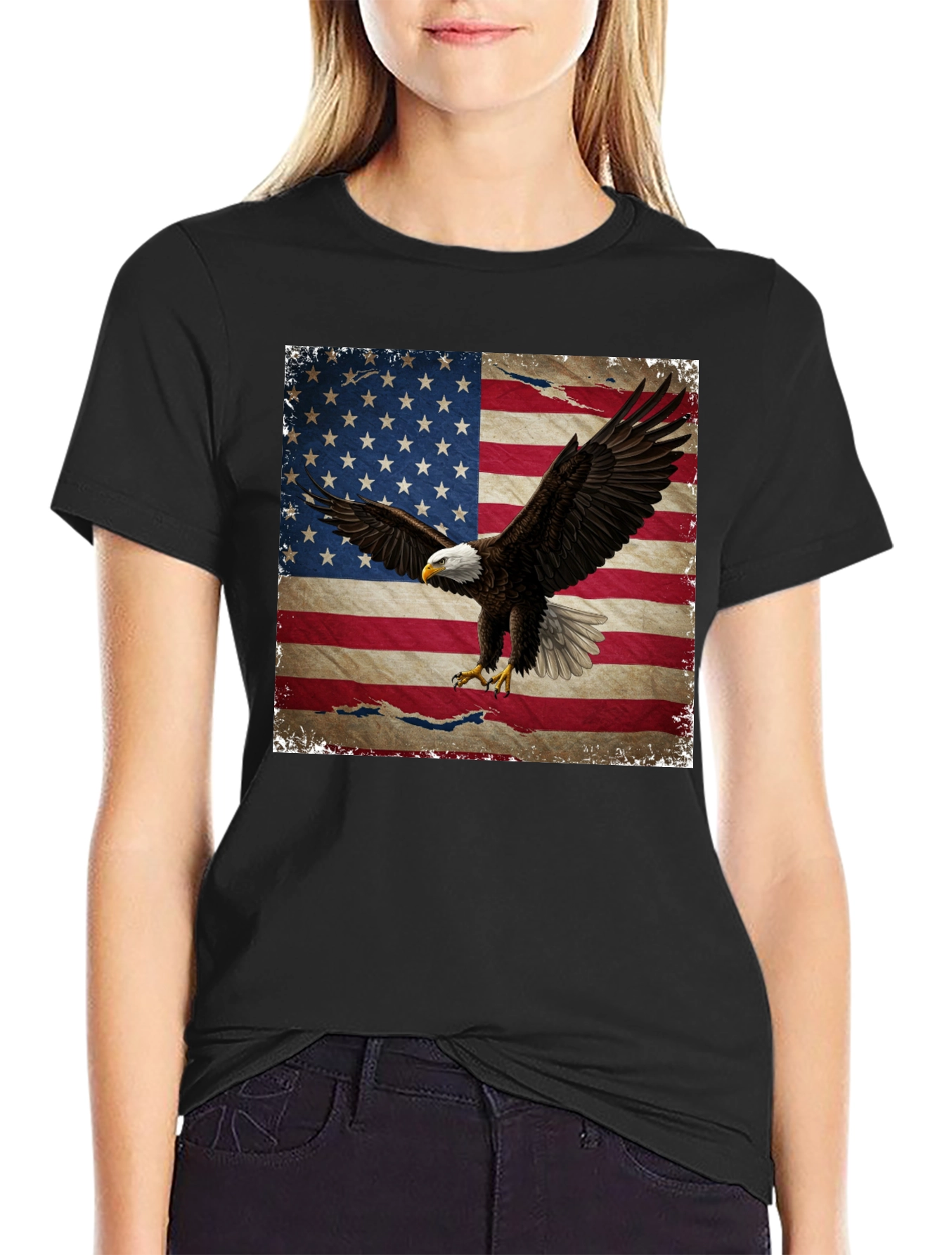 American Flag Eagle Graphic Print Black T-Shirt