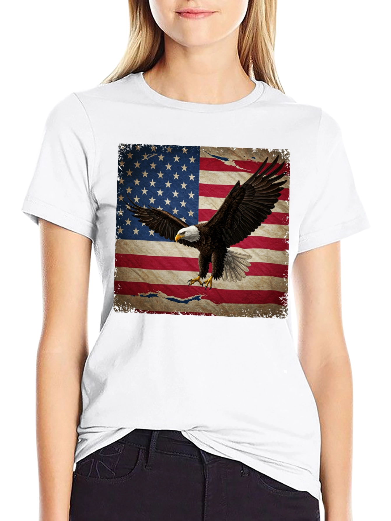 American Flag Eagle Graphic Print Black T-Shirt