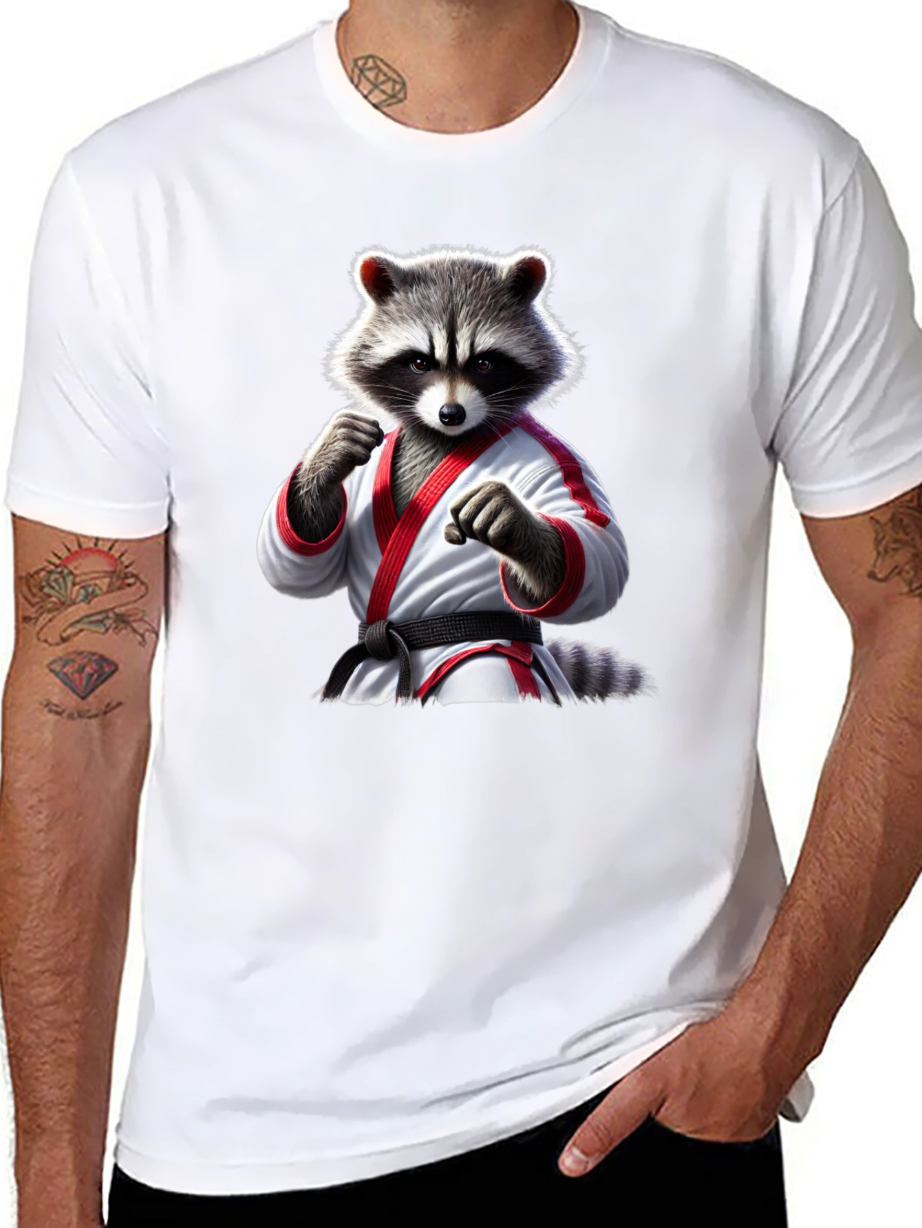 Karate Raccoon Graphic T-Shirt - Black Cotton Tee