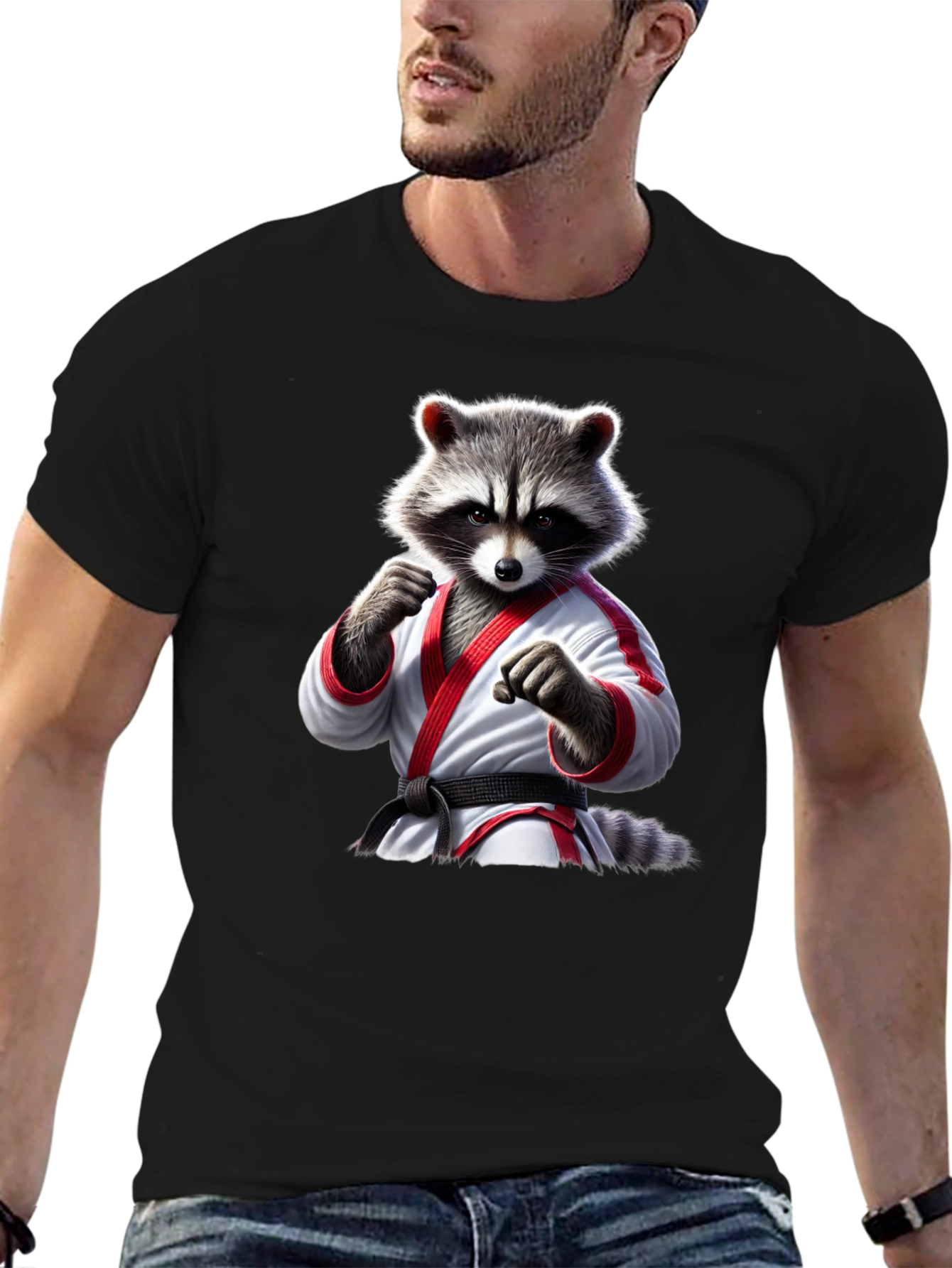 Karate Raccoon Graphic T-Shirt - Black Cotton Tee