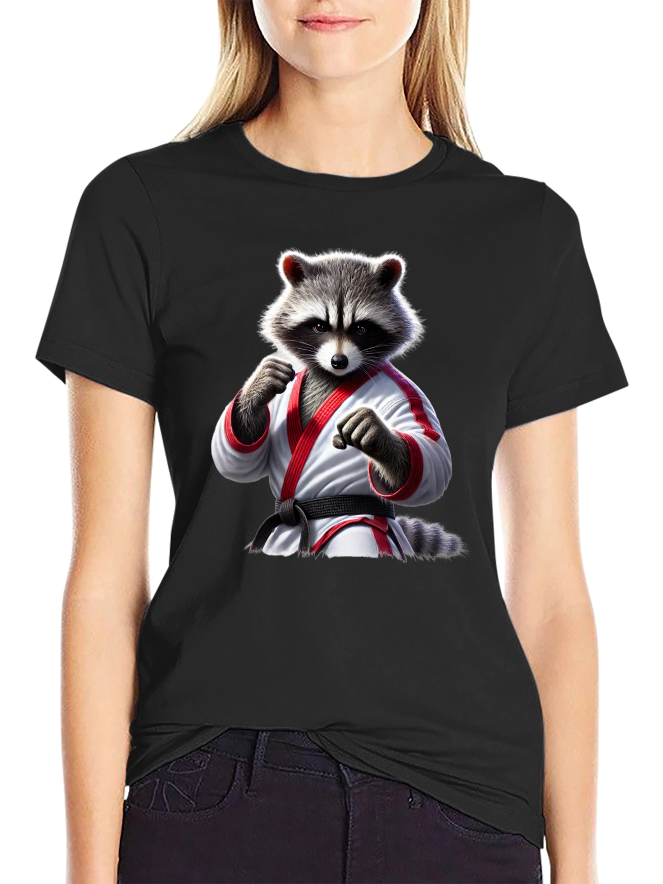 Karate Raccoon Graphic T-Shirt - Black Cotton Tee
