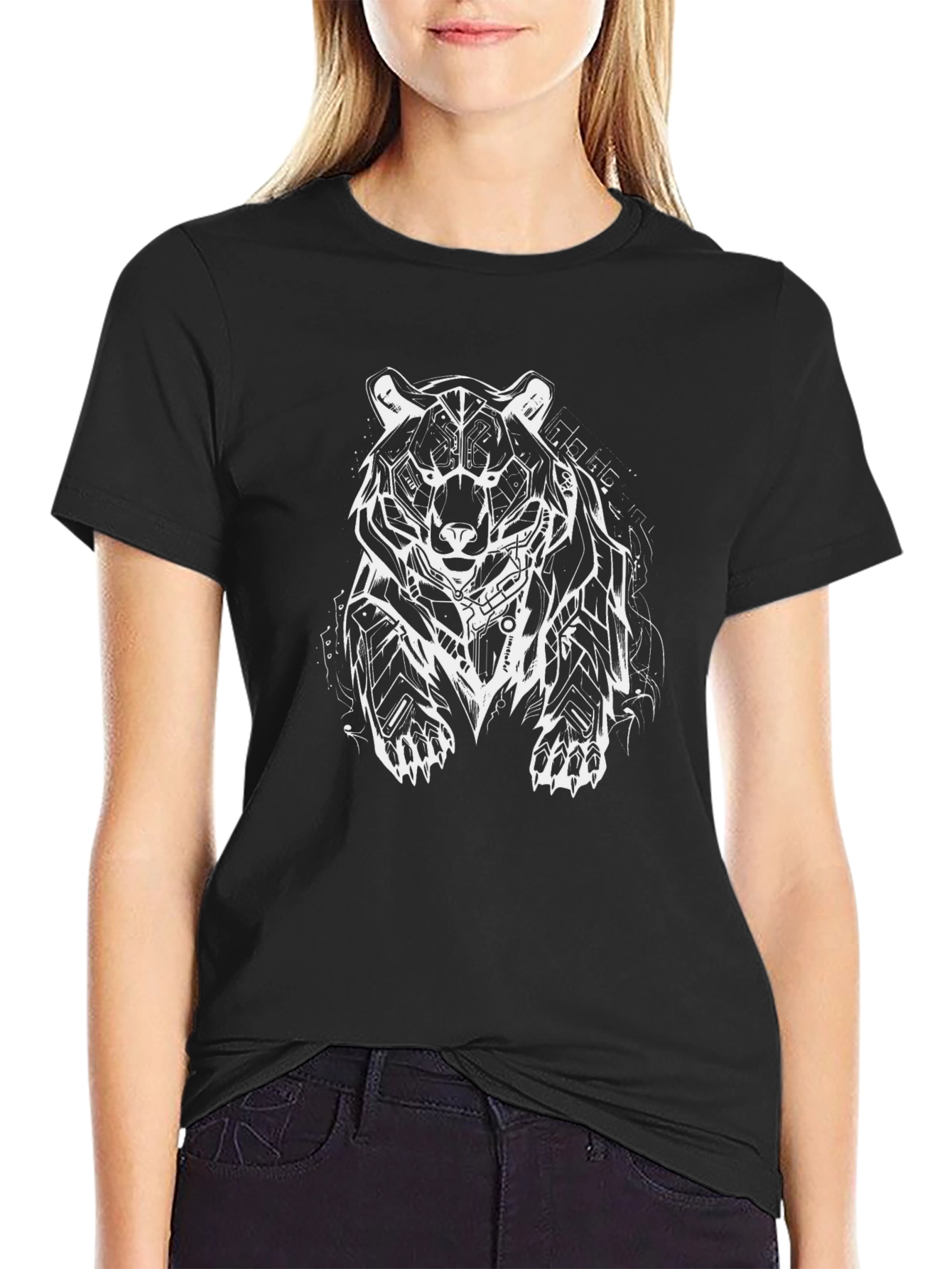 Geometric Bear Graphic Tee - Black Cotton Blend