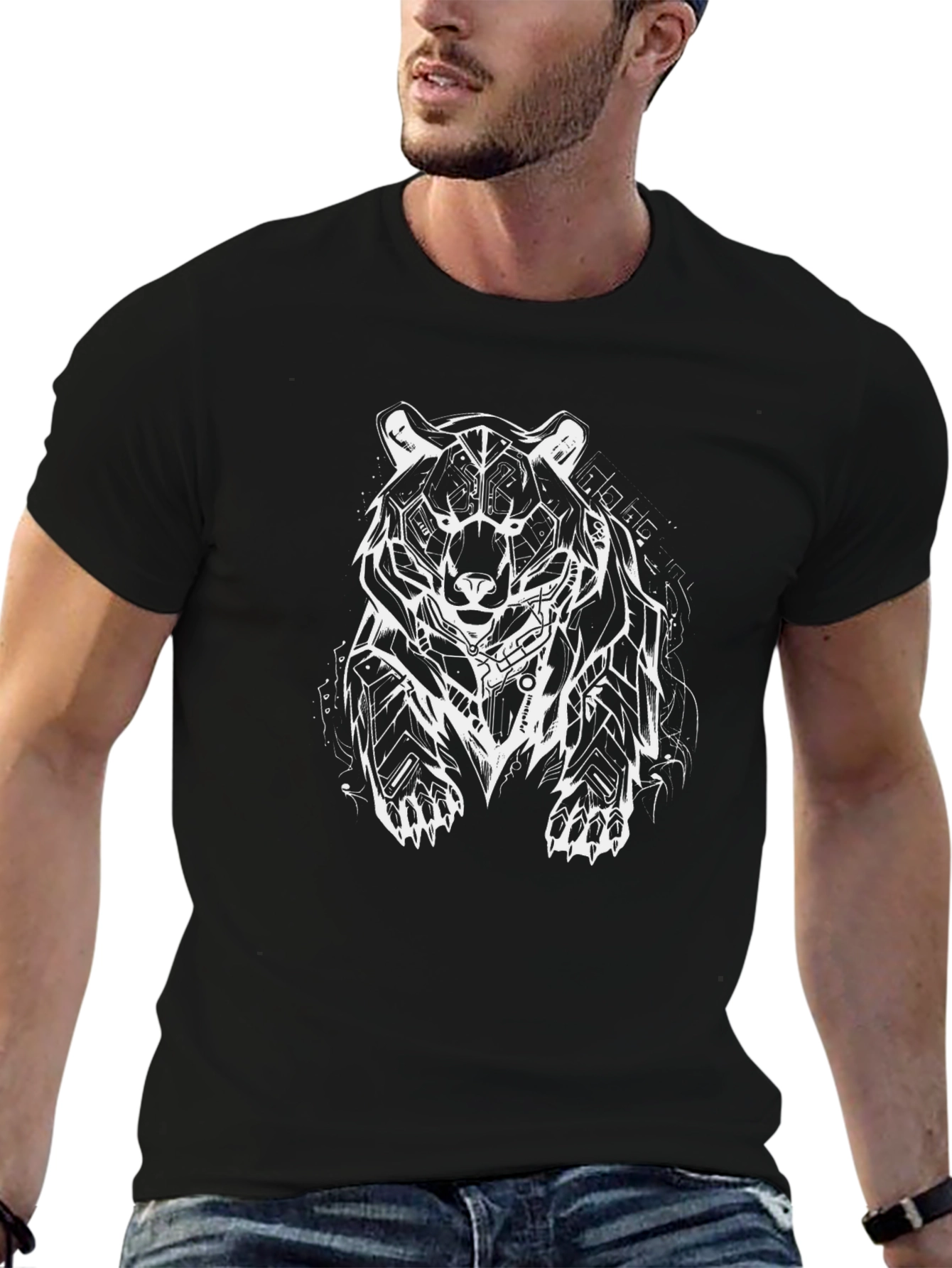 Geometric Bear Graphic Tee - Black Cotton Blend