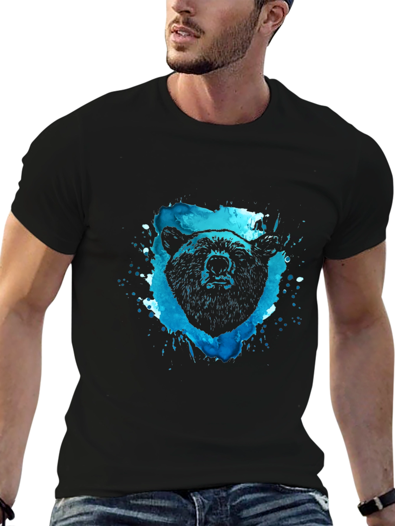 Bear Graphic Tee - Black Cotton Blend Shirt