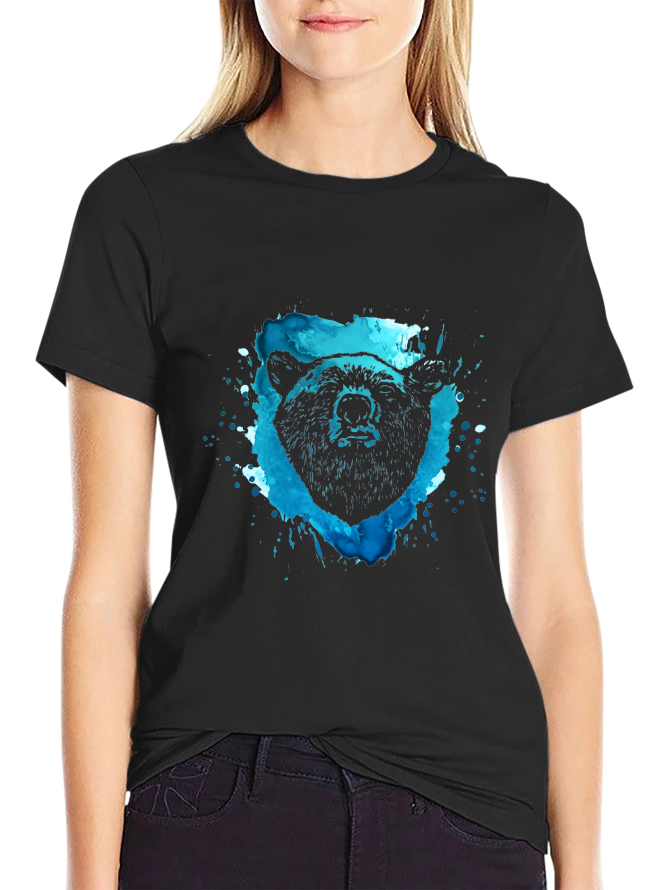 Bear Graphic Tee - Black Cotton Blend Shirt