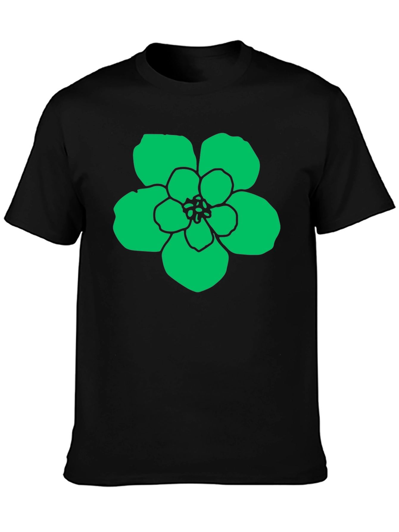 Green Flower Graphic Black T-Shirt