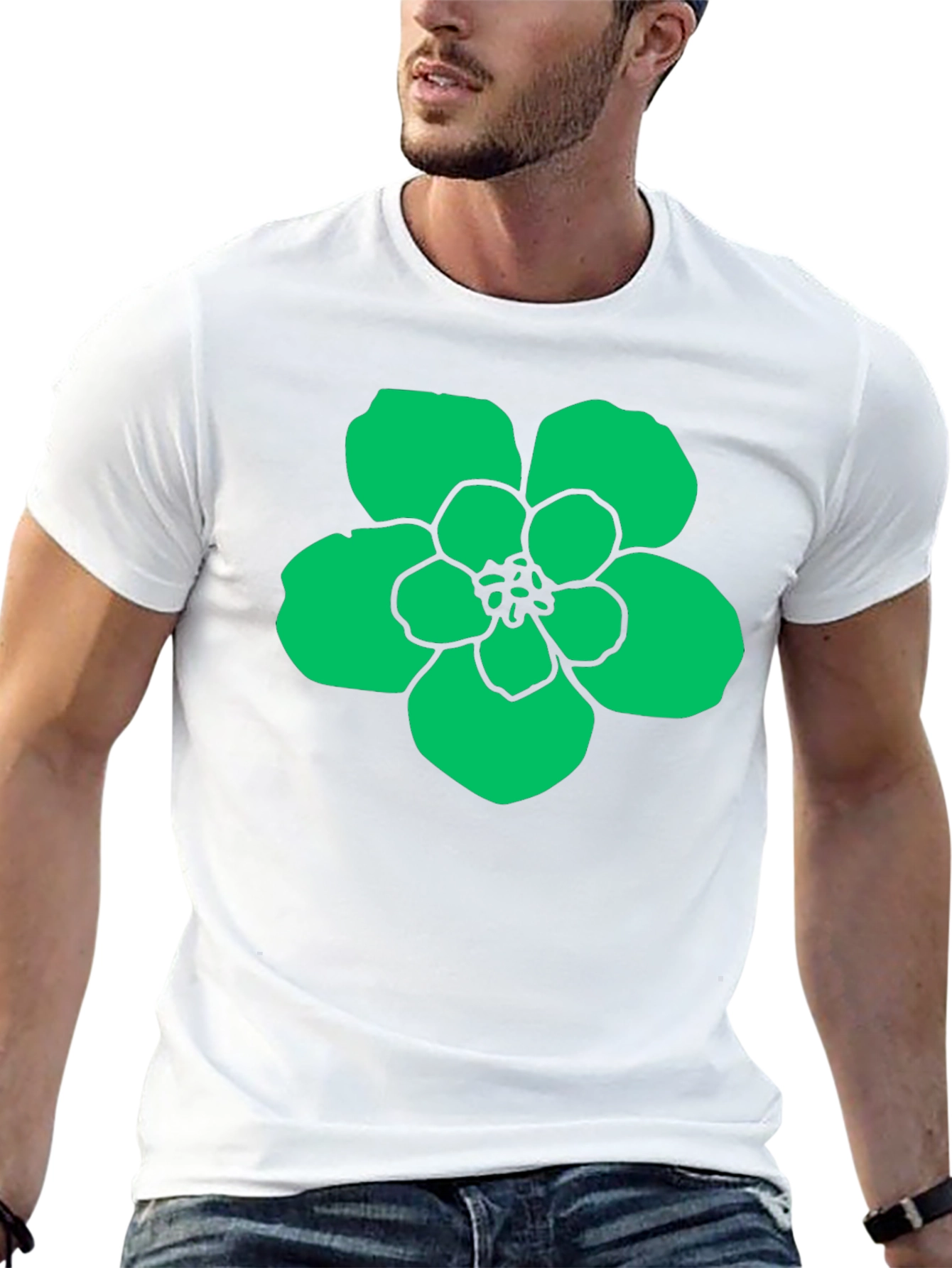 Green Flower Graphic Black T-Shirt