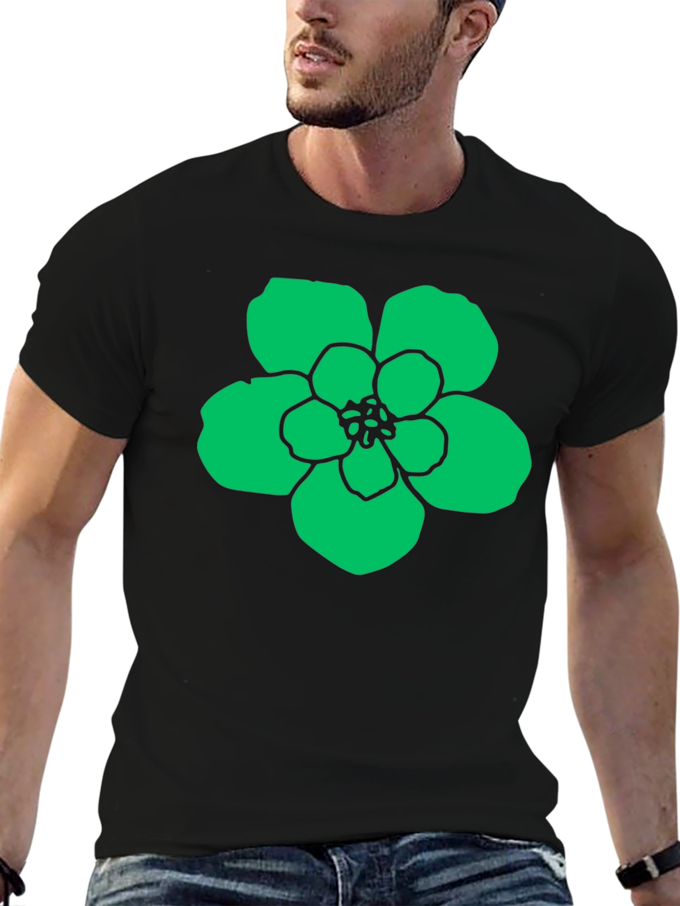 Green Flower Graphic Black T-Shirt