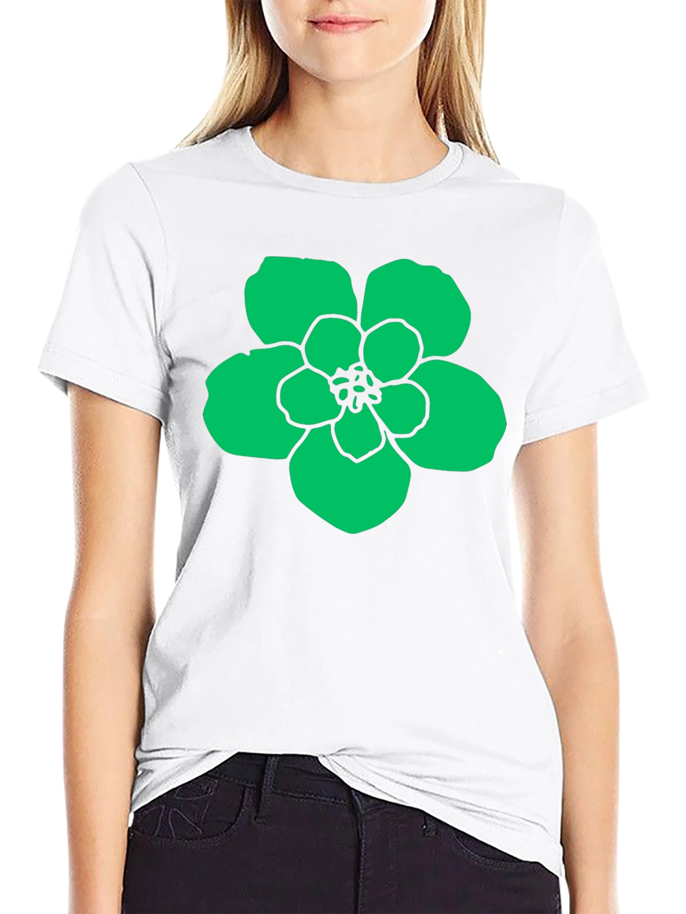 Green Flower Graphic Black T-Shirt