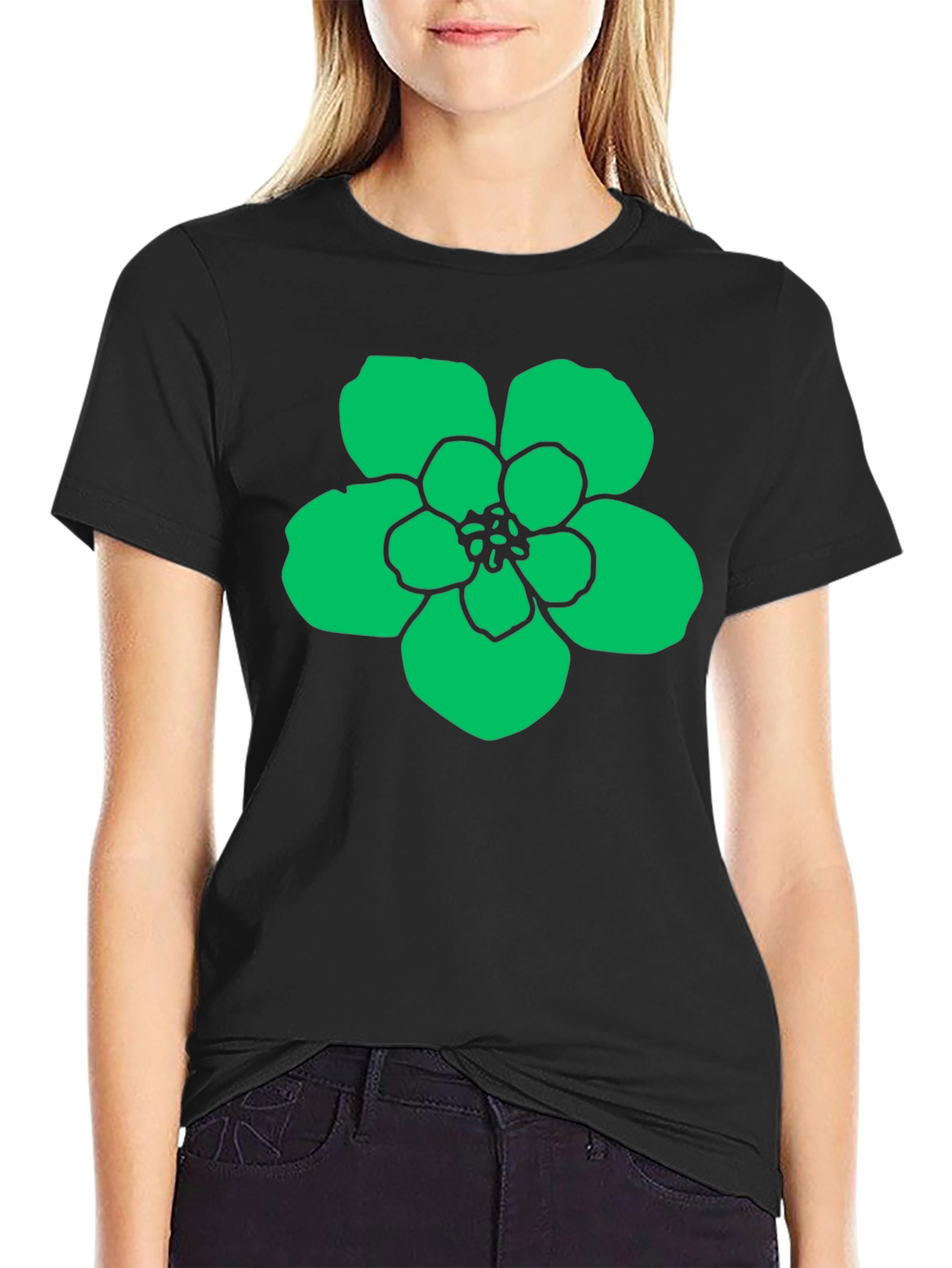 Green Flower Graphic Black T-Shirt