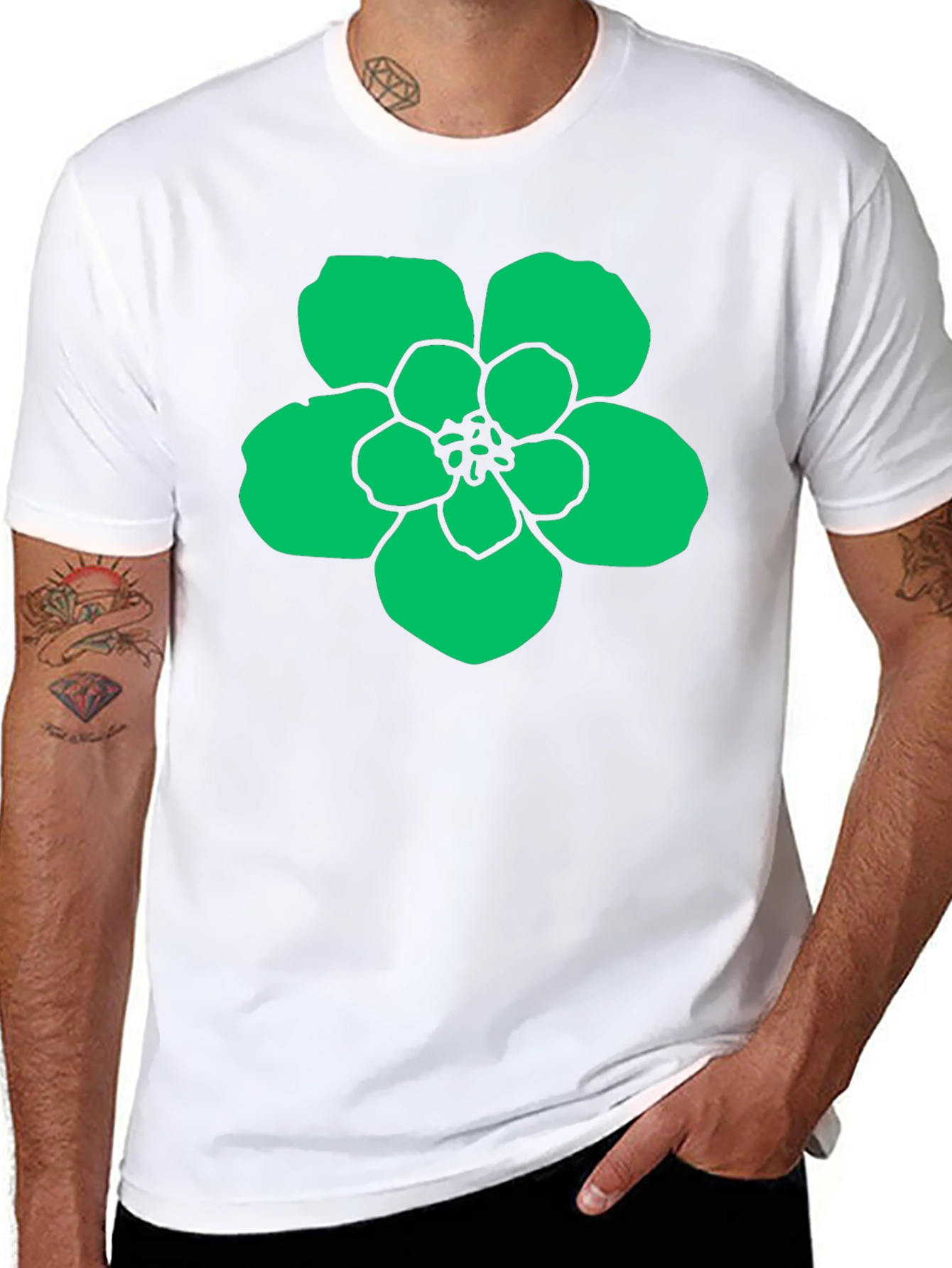 Green Flower Graphic Black T-Shirt