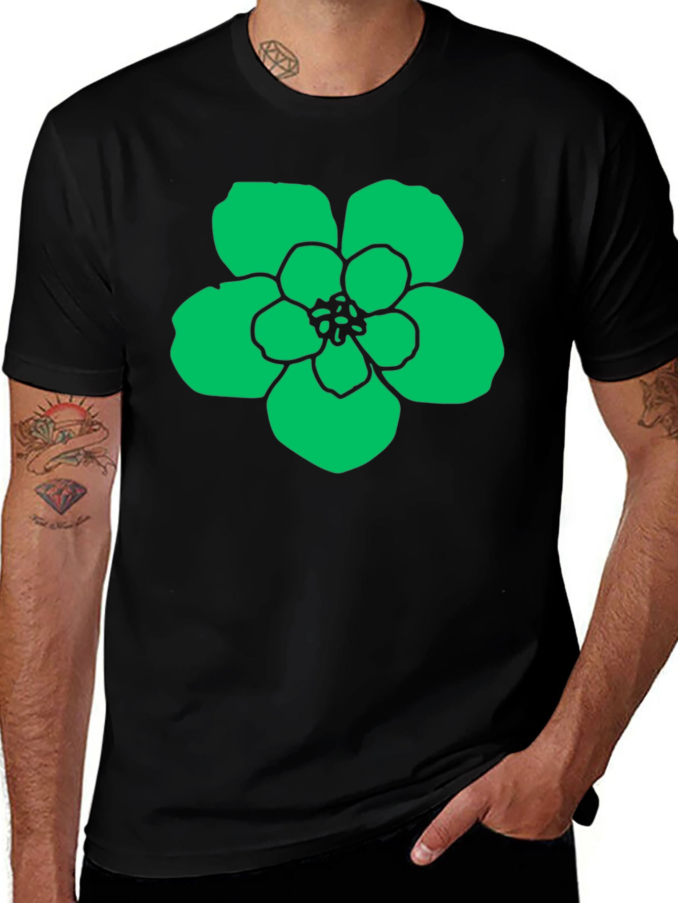 Green Flower Graphic Black T-Shirt