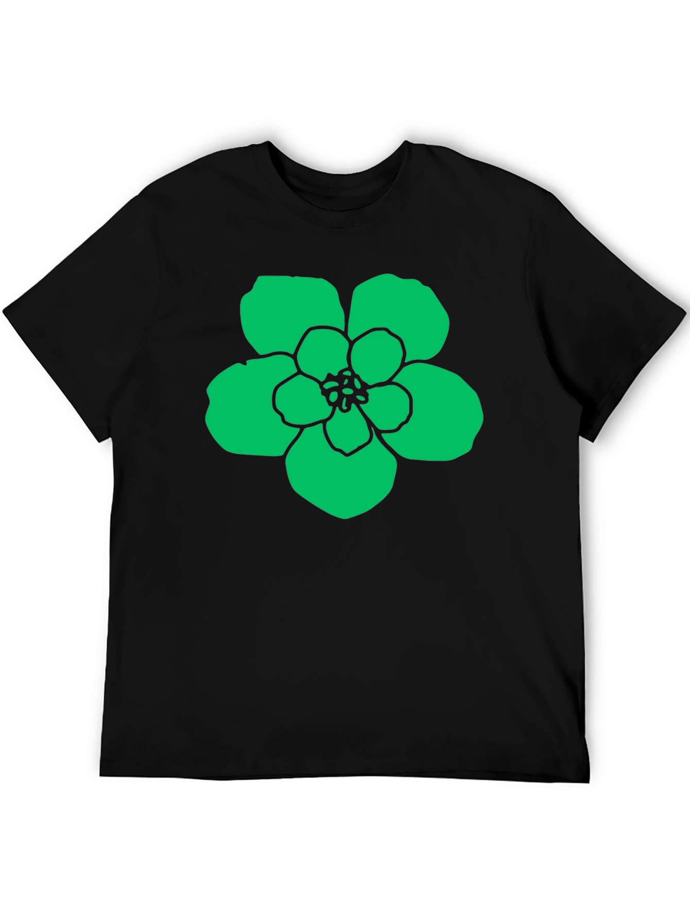 Green Flower Graphic Black T-Shirt