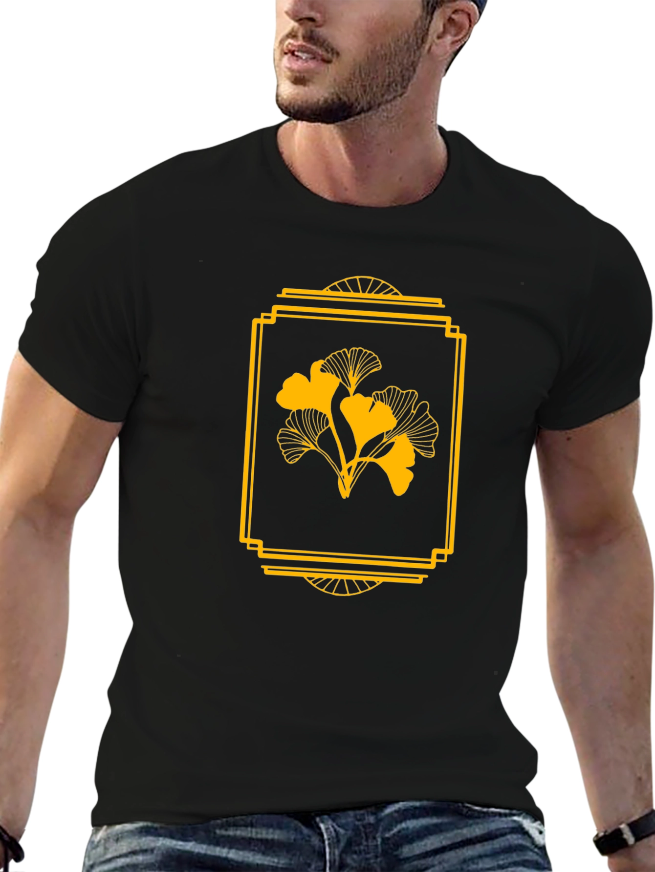 Ginkgo Leaf Art Deco Style Black T-Shirt
