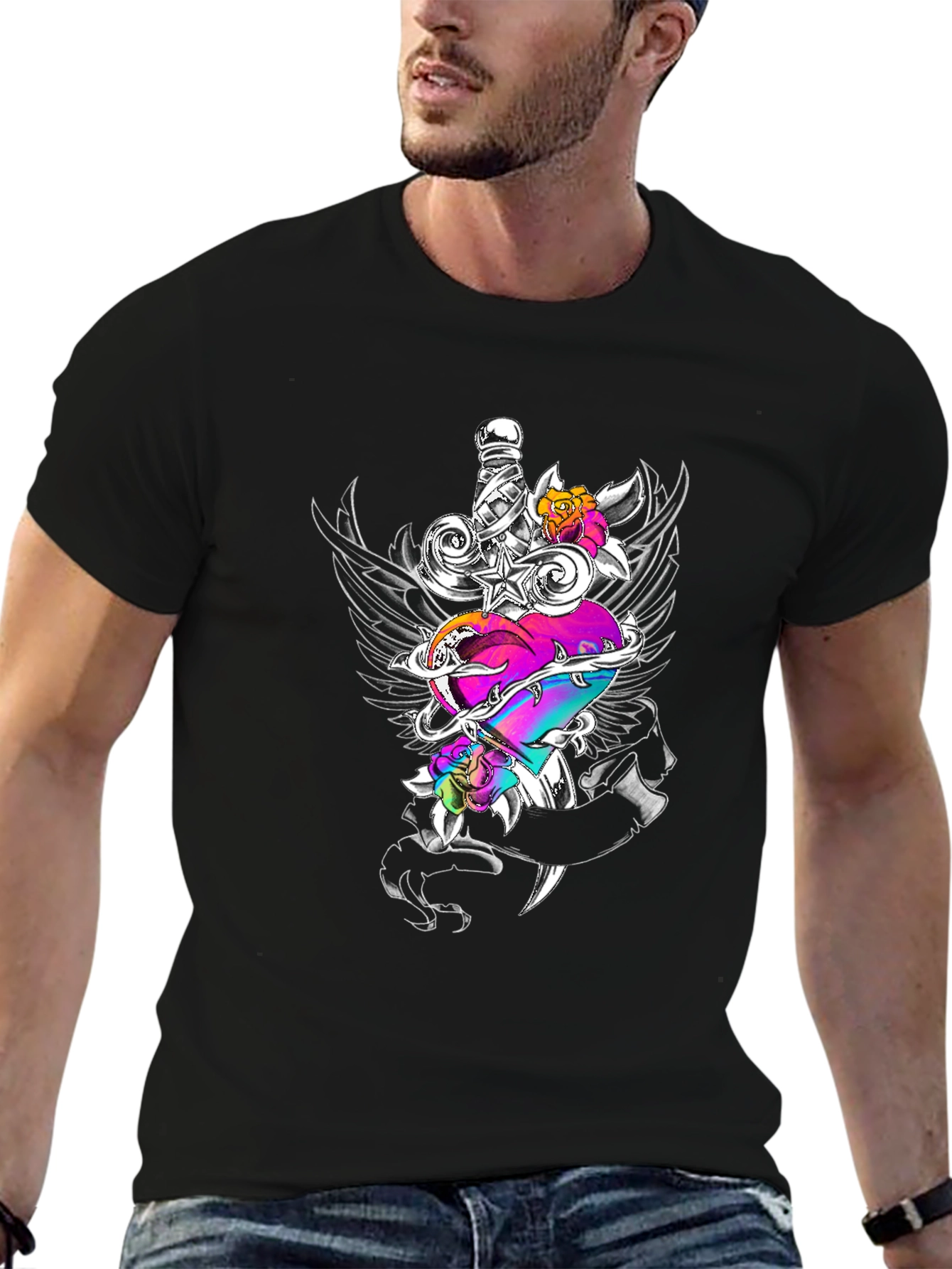 Heart Dagger Graphic Tee - Black