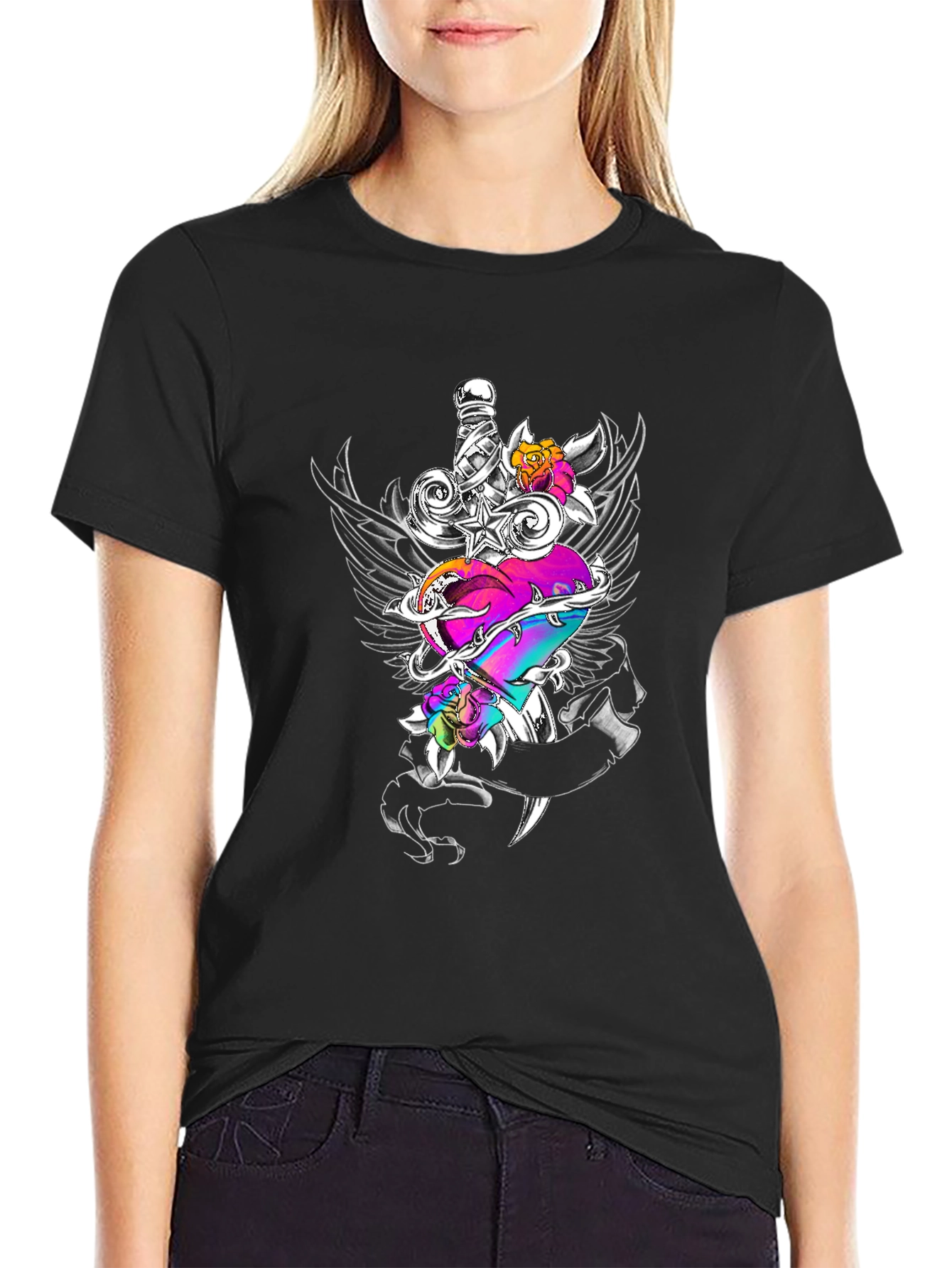 Heart Dagger Graphic Tee - Black