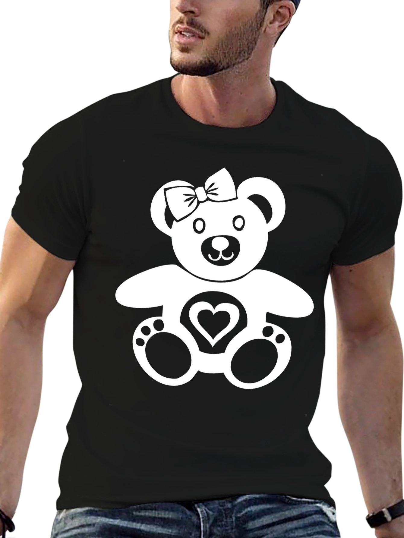 Cute Teddy Bear Heart Graphic Black T-Shirt